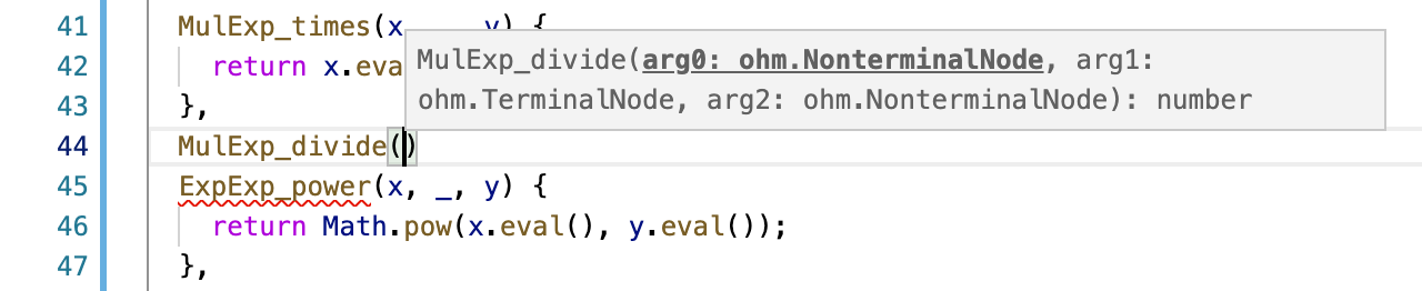 Screenshot from VS Code, with a tooltip showing the argument types of the MulExp_divide action