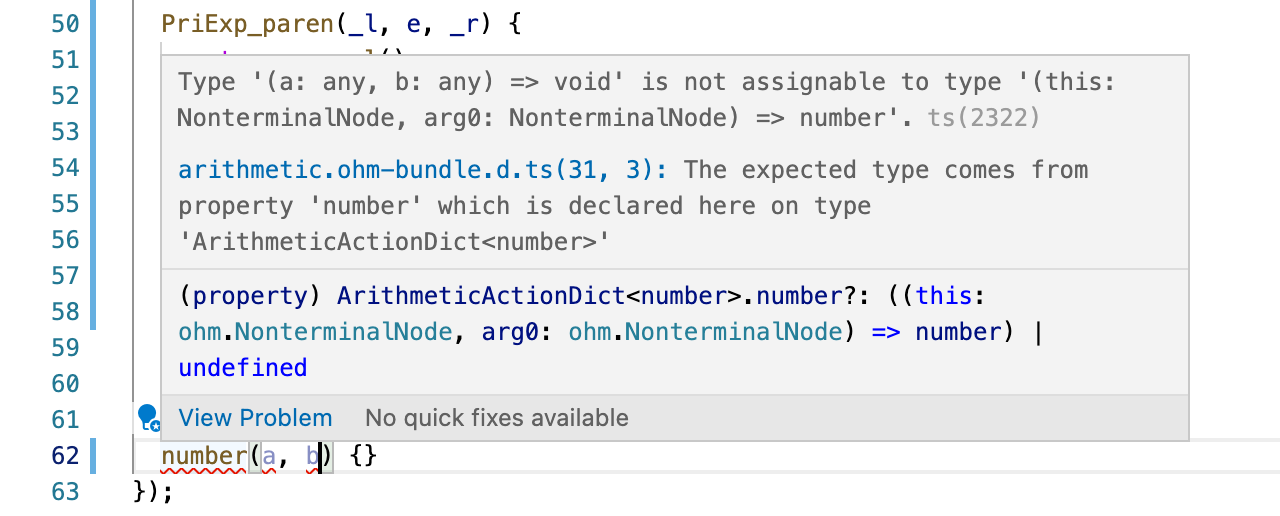 Screenshot from VS Code, showing a type error caused by the number action having too many parameters